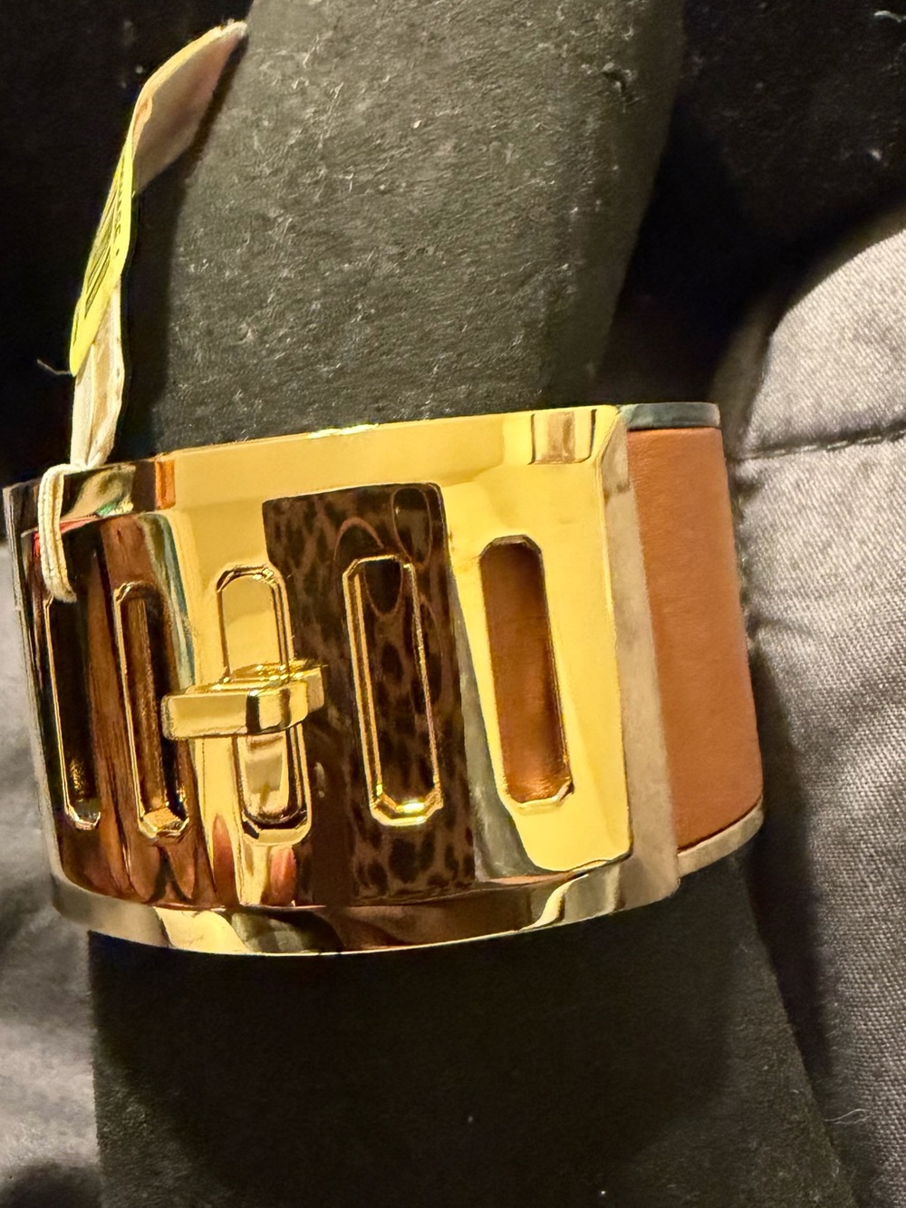 Michael Kors Gold Cutout Twist Lock Tan Brown Leather Cuff Bracelet